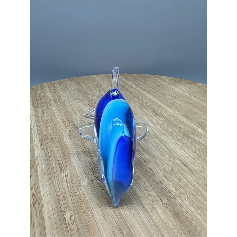 Hand Blown Art Glass Aqua-Blue Swirl Jumping Dolphin Figurine Paperweight 6 inch